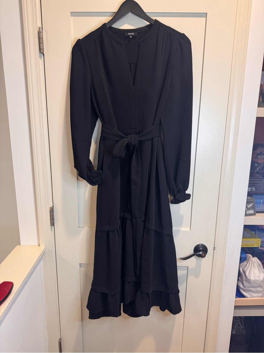 ME+EM Black Long-Sleeve Tie-Waist Maxi Dress